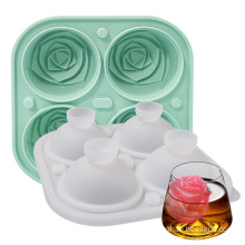 High Quality Whiskey Sphere 4 Cavity Ice Ball Mould With Lid Rose Ice Cube Tray Silicone Mold